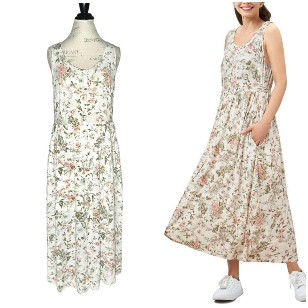 Frye | Women | White Floral Cottagecore Button Front Tank Midi Dress | Medium